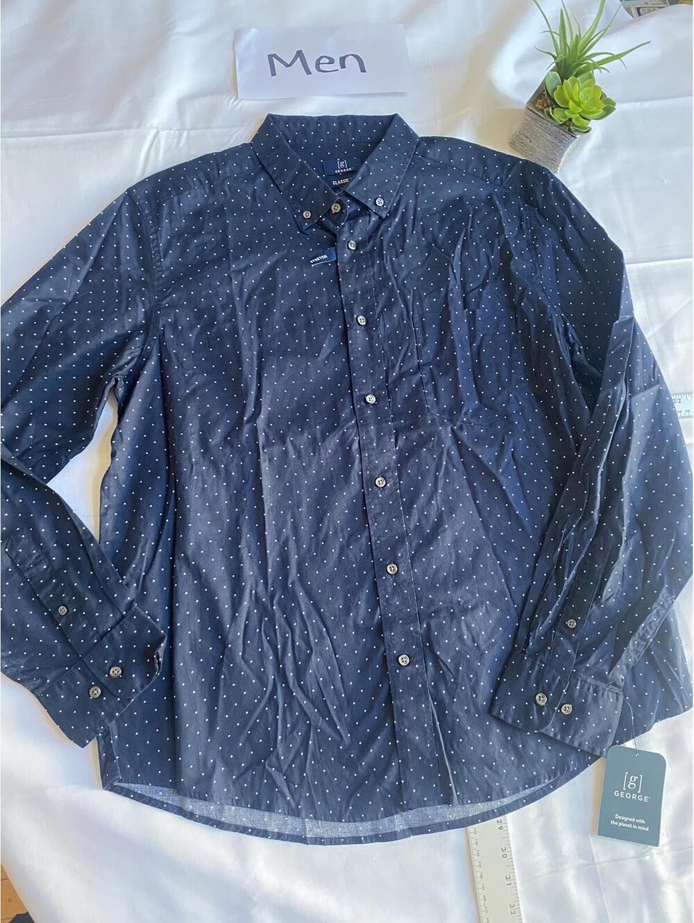 George Classic Fit Navy Polka Dot Button-Up Shirt XL